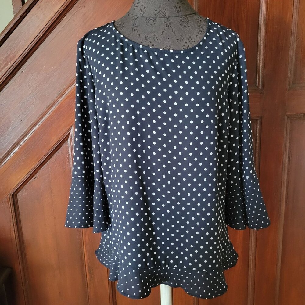 Navy Polka Dot Blouse With Flared Sleeves Talbots M 100% Polyester